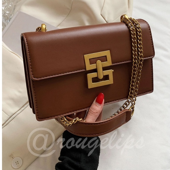 Brown PU Faux Leather Shoulder Bag Yellow Gold Tone Buckle Flap Chain Strap - Picture 1 of 11